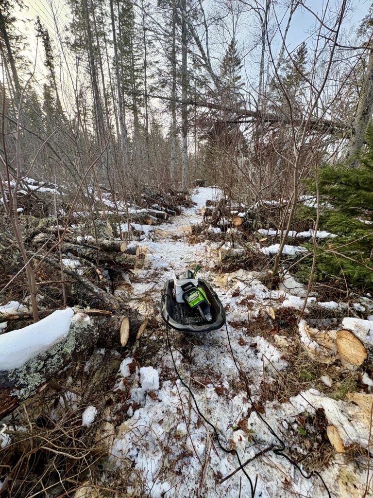 Black sleigh holding a green chainsaw and white bucket sitting on a snow-covered forest trail with cut logs on either side and standing trees in the background.