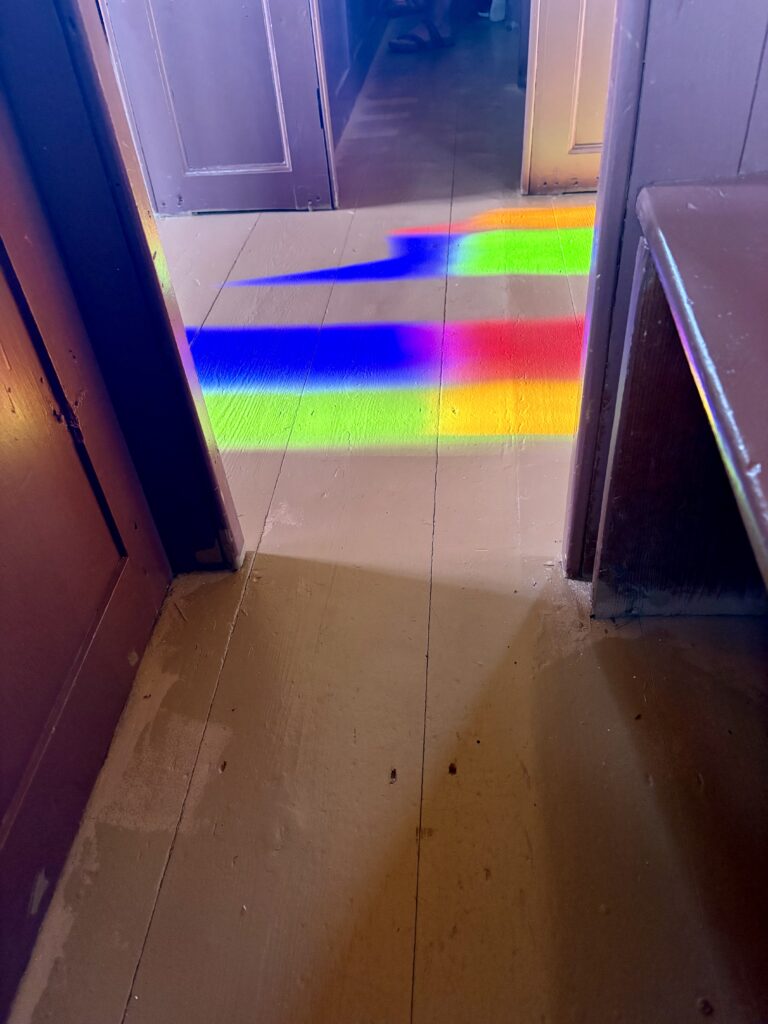 Colourful patches of light on a brown wooden floor.