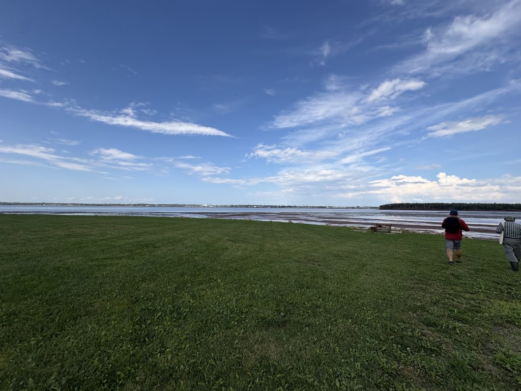 White clouds in a blue sky, with two people on the right hand side walking on green grass towards water.